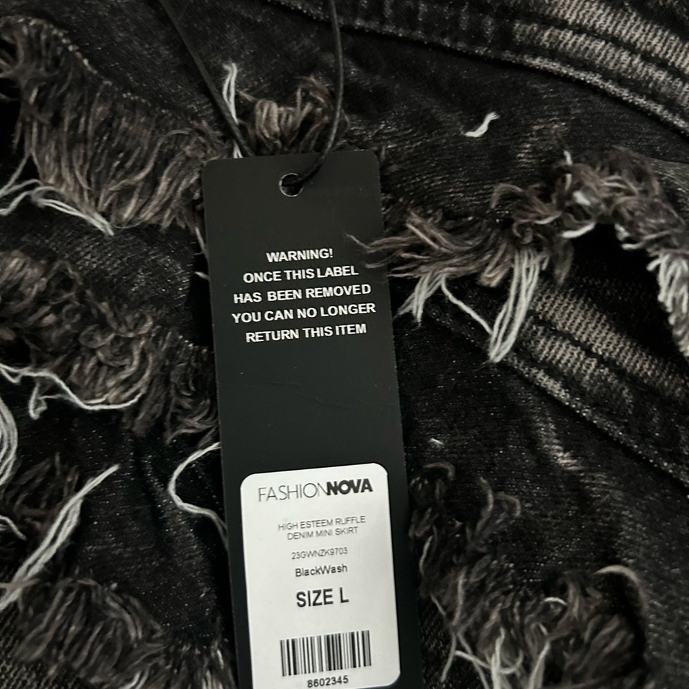 Fashion Nova Black & White Distressed Ruffle Denim Mini Skirt - Picture 3 of 4
